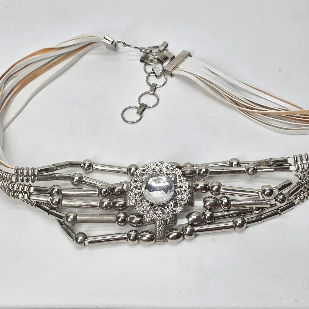 Vintage Chain Belt Rhinestone Beaded Studded Silver White Western Bling Festival
